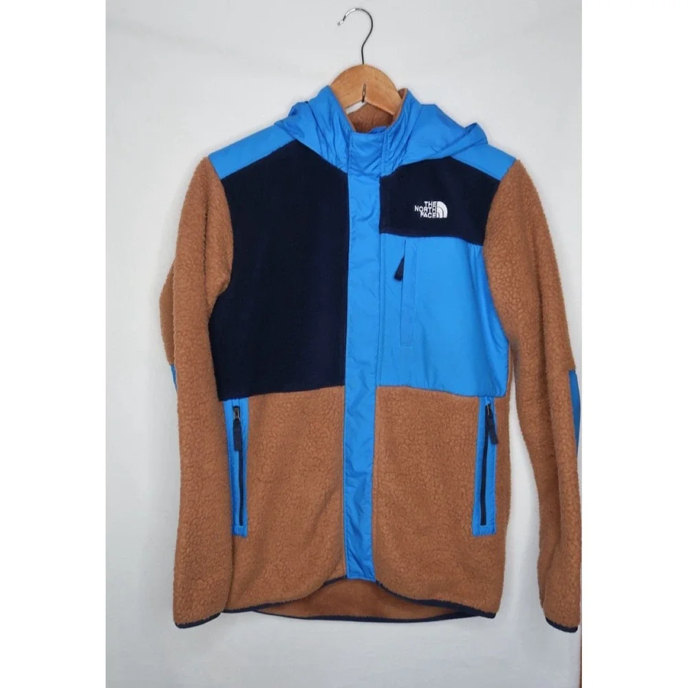 North Face Kids Boys XL Mixed Media Sherpa‎ Fleece Zip Hoodie Jacket Brown